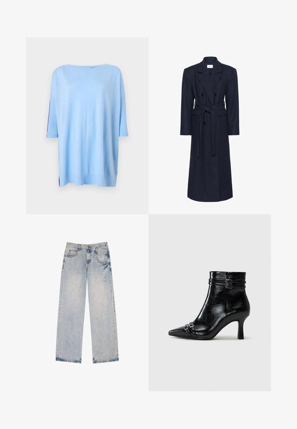 Dubbelzijdige marineblauwe wollen blend jas, lange mouwen, zelfbindende riem, twee voorzakken, gespreide kraag, gestructureerde stof.; Lichtblauwe trui met korte mouwen en een losse pasvorm, met geribbelde accenten op de mouwen en zijsplitten aan de zoom voor extra textuur.; Witte katoenen t-shirt met korte mouwen, voorzien van een zwart-wit fotoafdruk aan de voorkant van een figuur in een zwart outfit.; Lichtblauwe spijkerbroek met een recht model, voorzien van versleten accenten, vijf zakken en zichtbare stikseldetails.; Tamaris Enkellaarsjes met sleehak - black