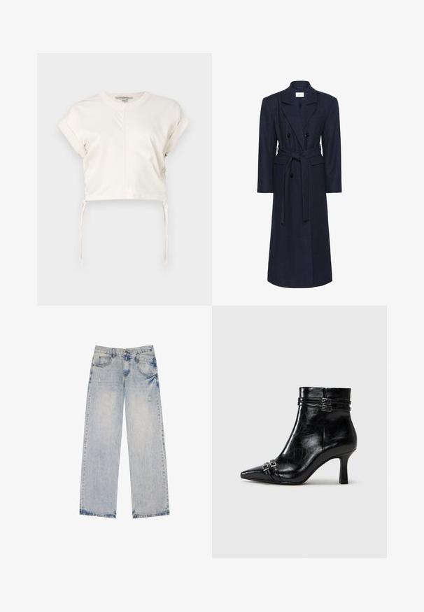 Dubbelknäppt navy ullblandad kappa, långa ärmar, självknutande bälte, två framfickor, slagkrage, texturerad tyg.; Krämfärgad cropped top i mjukt tyg, med rund halsringning, korta ärmar och justerbara sidor. Enkel, ren design.; Ljust blå denimjeans med rak bendesign, med slitna detaljer, fem fickor och synliga sömmar.; Tamaris Stövletter med kilklack - black