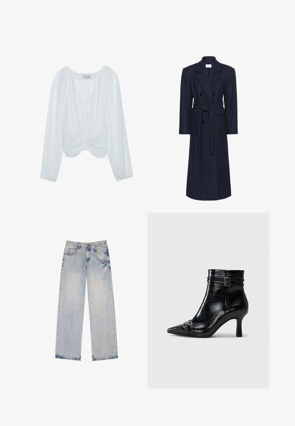 Cappotto doppiopetto in misto lana blu navy, maniche lunghe, cintura autoadesiva, due tasche frontali, colletto a risvolto, tessuto testurizzato.; Blusa bianca a maniche lunghe con scollatura a V, texture plissettata, dettagli gathered in vita e polsini elasticizzati. Etichetta del marchio visibile all'interno.; T-shirt bianco in cotone con maniche corte, caratterizzato da una stampa fotografica in bianco e nero sul davanti che ritrae una figura in un abbigliamento nero.; Jeans in denim azzurro chiaro con design a gamba dritta, caratterizzati da dettagli strappati, cinque tasche e cuciture in evidenza.; Tamaris Stivaletti con la zeppa - black