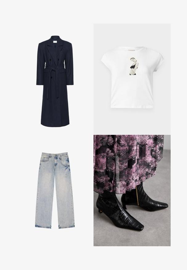 Manteau en laine mélangée bleu marine à double boutonnage, manches longues, ceinture à nouer, deux poches avant, col cranté, tissu texturé.; T-shirt en coton blanc à manches courtes, ornée d'un imprimé photographique noir et blanc sur le devant représentant une silhouette en tenue noire.; Jean en denim bleu clair avec une coupe droite, présentant des accents distressed, cinq poches et des détails de couture visibles.; Bottines en cuir noir avec une texture crocodile, bout pointu et petit talon bloc ; elles présentent un accent de zip doré sur le côté.