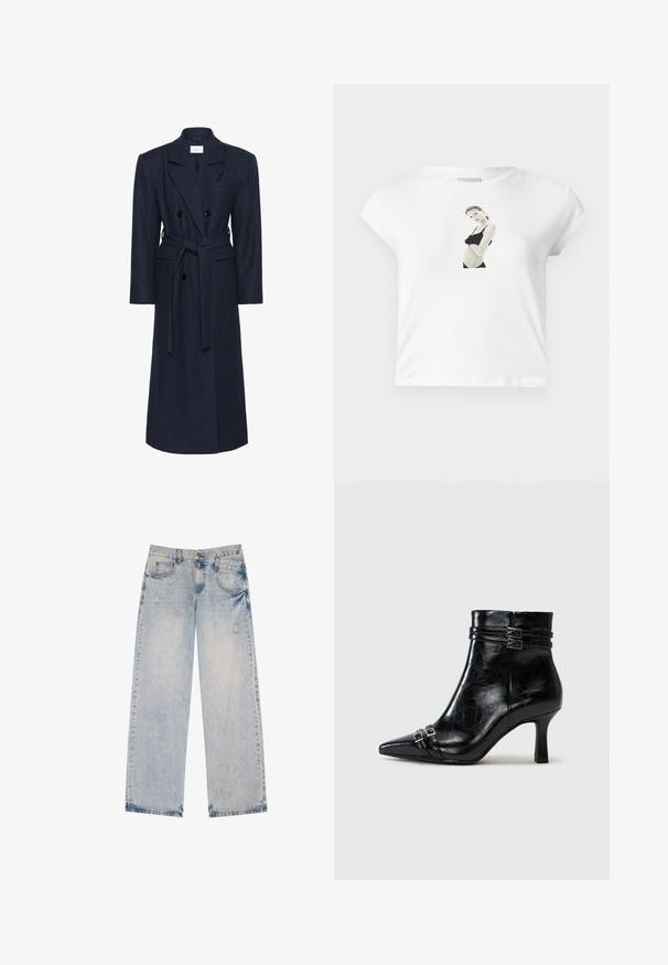 Dwurzędowy płaszcz z wełny w kolorze granatowym, długie rękawy, pasek do samodzielnego zawiązania, dwie przednie kieszenie, kołnierz z wycięciem, fakturowana tkanina.; Biała bawełniana koszulka z krótkim rękawem, z czarno-białym nadrukiem na przodzie przedstawiającym postać w czarnym stroju.; Jasnoniebieskie dżinsy o prostym kroju, z efektem postarzania, pięcioma kieszeniami i widocznymi detalami szwów.; Tamaris - Botki na koturnie