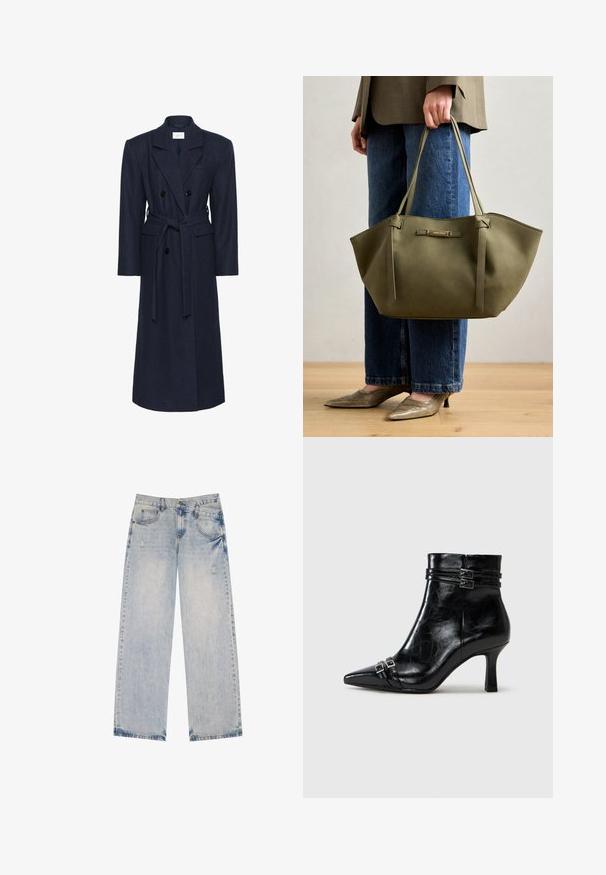 Manteau en laine mélangée bleu marine à double boutonnage, manches longues, ceinture à nouer, deux poches avant, col cranté, tissu texturé.; T-shirt en coton blanc à manches courtes, ornée d'un imprimé photographique noir et blanc sur le devant représentant une silhouette en tenue noire.; Jean en denim bleu clair avec une coupe droite, présentant des accents distressed, cinq poches et des détails de couture visibles.; Tamaris Bottines compensées - black; Sac fourre-tout vert olive avec double poignées, texture lisse et un accent en métal. Forme arrondie avec des panneaux latéraux ; associé à un pantalon bleu.