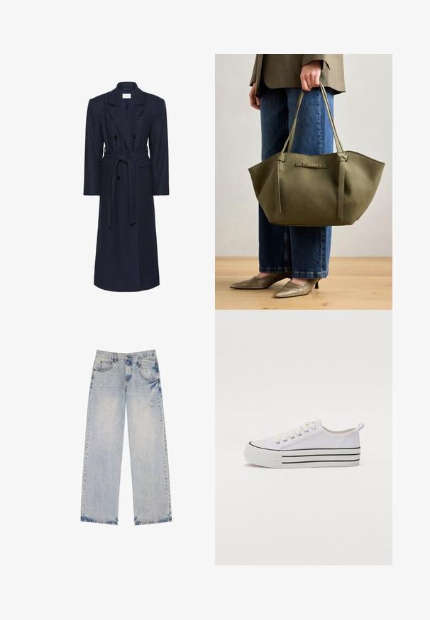 Dobbeltbrystet navy uldblandingsfrakke, lange ærmer, selvbindende bælte, to forlommer, notch-krave, textured stof.; Hvid bomulds t-shirt med korte ærmer, der har et sort-hvidt fotografi trykt på forsiden af en figur i et sort outfit.; Lysblå denimjeans med lige ben-design, der har slidte detaljer, fem lommer og synlige sømdetaljer.; Hvide lærredssneakers med rund tå, sort ydersål og horisontale sorte stribedetaljer. Har snørebånd og en løkke på hælen for nem påtagning.; Olivengrøn tote bag med dobbelt håndtag, glat tekstur og en metal logo detalje. Rund form med sidelapper; parret med blå bukser.