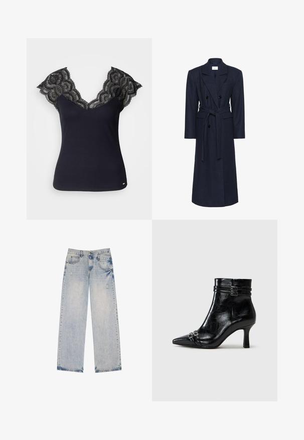 Dwurzędowy płaszcz z wełny w kolorze granatowym, długie rękawy, pasek do samodzielnego zawiązania, dwie przednie kieszenie, kołnierz z wycięciem, fakturowana tkanina.; Czarny prążkowany top na ramiączkach z głębokim dekoltem w kształcie litery V oraz koronkowymi detalami na ramionach i falbaniastymi brzegami. Minimalistyczne akcenty sprzętowe na dole.; Jasnoniebieskie dżinsy o prostym kroju, z efektem postarzania, pięcioma kieszeniami i widocznymi detalami szwów.; Tamaris - Botki na koturnie