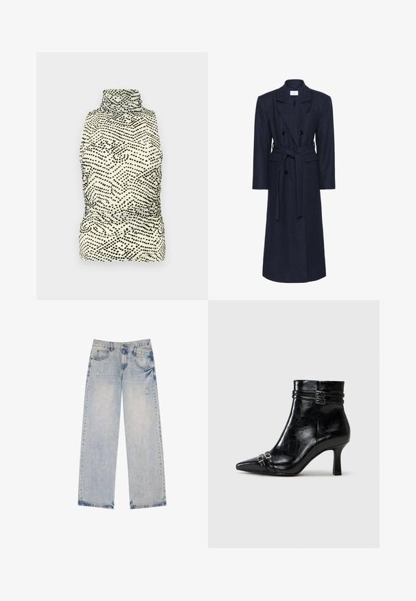 Cappotto doppiopetto in misto lana blu navy, maniche lunghe, cintura autoadesiva, due tasche frontali, colletto a risvolto, tessuto testurizzato.; Top aderente senza maniche con colletto alto, caratterizzato da una base crema e un motivo a onde nere a pois; realizzato in tessuto morbido e elastico.; Jeans in denim azzurro chiaro con design a gamba dritta, caratterizzati da dettagli strappati, cinque tasche e cuciture in evidenza.; Tamaris Stivaletti con la zeppa - black