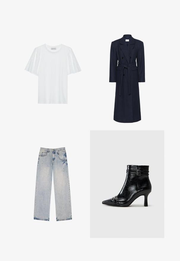 Dubbelzijdige marineblauwe wollen blend jas, lange mouwen, zelfbindende riem, twee voorzakken, gespreide kraag, gestructureerde stof.; Witte T-shirt met korte uitlopende mouwen en een broderie anglaise patroon. Glad stof en klassieke ronde halslijn.; Lichtblauwe spijkerbroek met een recht model, voorzien van versleten accenten, vijf zakken en zichtbare stikseldetails.; Tamaris Enkellaarsjes met sleehak - black