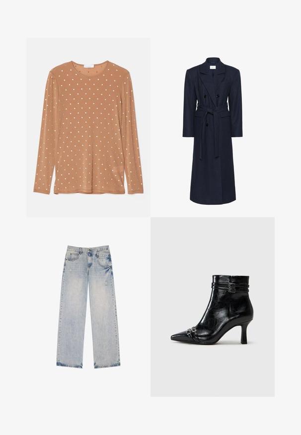 Kaksirivinen tummansininen villasekoitteen takki, pitkät hihat, itsesolmittava vyö, kaksi etutaskua, läpällinen kaulus, teksturoitu materiaali.; Pitkähihaista ruskeaa puseroa, jossa on pyöreä kaula-aukko, koristeltuna hopeisilla pyöreillä paljeteilla, jotka on aseteltu pilkkujen kuvioiksi.; Vaaleansininen farkut suoran lahkeen muotoilulla, joissa on kulutettuja yksityiskohtia, viisi taskua ja näkyviä pistostikkeitä.; Tamaris Kiilakorkonilkkurit - black