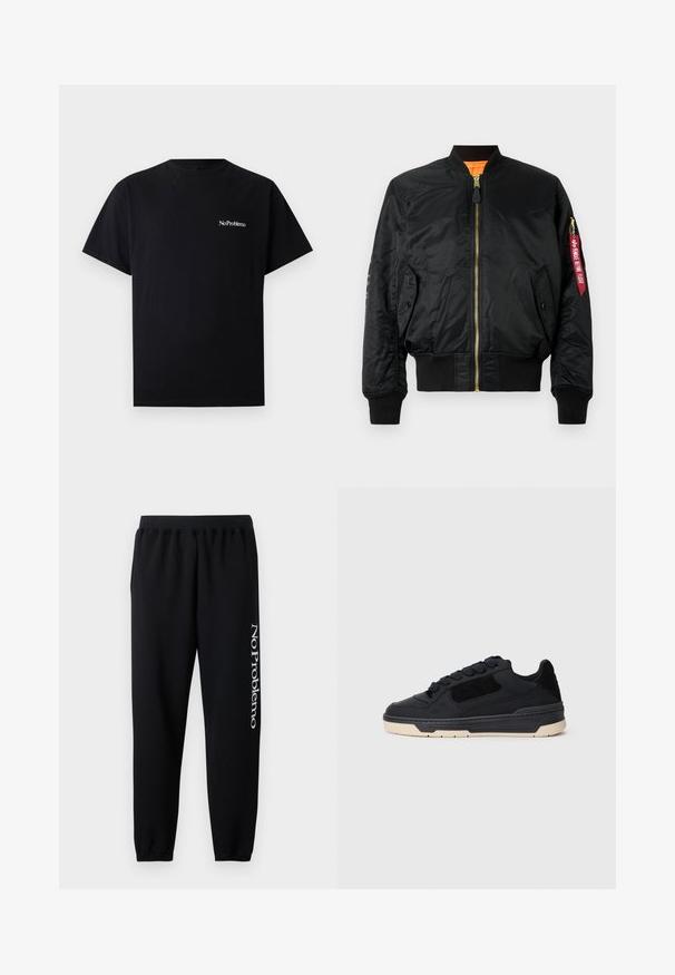 Fekete bomber dzseki fényes anyagból, cipzáras elülső részel, bordás mandzsettákkal és aljjal. A lézeren piros feliratos folt található.; Fekete pamut póló rövid ujjal, kerek nyakkivágással, és fehér "NoProblemo" felirattal a bal felső részen. Puha tapintású.; Fekete melegítőnadrág, elasztikus derékkal, szűkülő bokákkal és a bal lábszáron fehér "No Problemo" felirattal. Puha pamut anyag.; Fekete, alacsony szárú sneaker, vastag bézs talppal, velúr és bőr panelekkel, kerek fekete fűzőkkel, bal oldali profilból bemutatva.