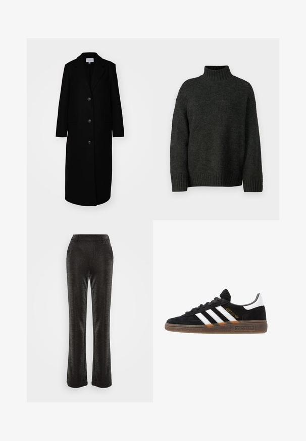 Lang svart ullfrakk med skjært krage, fem knapper, to frontlommer og rett silhuett, med en glatt tekstur og minimalistisk design.; Vero Moda Tall VMMADDIE HIGHNECK PULL - Strikkegenser - dark grey melange; Sorte flagrende bukser laget av et teksturert, glitrende stoff. Har en tettsittende linning og sidelommer, med en jevn silhuett ned til nederkanten.; Sorte Adidas sneakers med hvite striper, gull "Spezial" tekst, gummisåle og hvit hælklaff, vist fra profil.