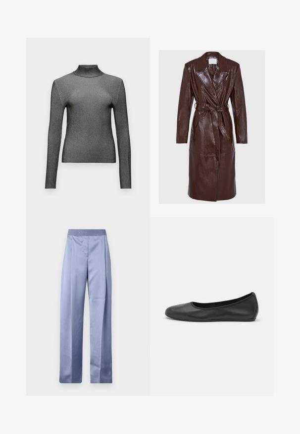 Dlouhý, tmavě hnědý lesklý kožený trench coat se širokými klopami, dlouhými rukávy, zapínáním na knoflíky a ladícím páskem uvázaným v pase.; Slim-fit, dlouhý rukáv, rolák v metalicky šedé barvě s žebrovanou texturou a minimalistickým designem. Obsahuje vysoký límec a bezšvové ramena.; Světle modré saténové kalhoty širokého střihu s hladkou strukturou, s prošitým pasem, na němž je vytištěno jméno značky "STINE GOYA."; Černé kožené baletní byty s kulatou špičkou, hladkou texturou, minimálními švy a flexibilním designem podrážky.