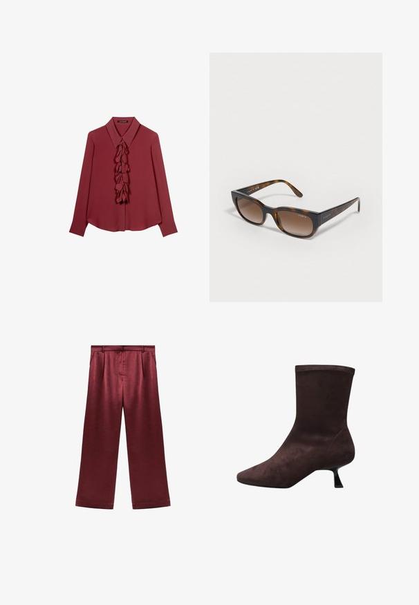 Langer, dunkelbrauner, glänzender Ledertrenchcoat mit breiten Revers, langen Ärmeln, Knopfschluss und passendem Gürtel, der in der Taille gebunden ist.; Bordeauxfarbene Bluse mit klassischem Kragen, die eine geraffte Frontpartie aufweist. Hergestellt aus glattem Stoff, mit langen Ärmeln und einer lockeren Passform.; Burgunderfarbene weit geschnittene Satin-Hosen mit glatter Textur, hohem Bund und zwei seitlichen Taschen für zusätzlichen Funktionalität.; Braune Wildleder-Ankle-Boots mit spitzem Zehenbereich und einem ausgestellten, niedrigen Absatz. Glatte Textur mit einem enganliegenden Schaft und ohne sichtbare Beschläge oder Akzente.; Schildpatt-Sonnenbrille mit braunen Verlaufsgläsern, kantigen Rahmen und "vogue"-Logo an den Scharnieren. Glatte Textur, modernes Design.; Braune Ledertasche mit glatter Textur, geräumigem Design und geschwungenem Griff, mit einem dezenten Logo-Detail auf der Vorderseite.