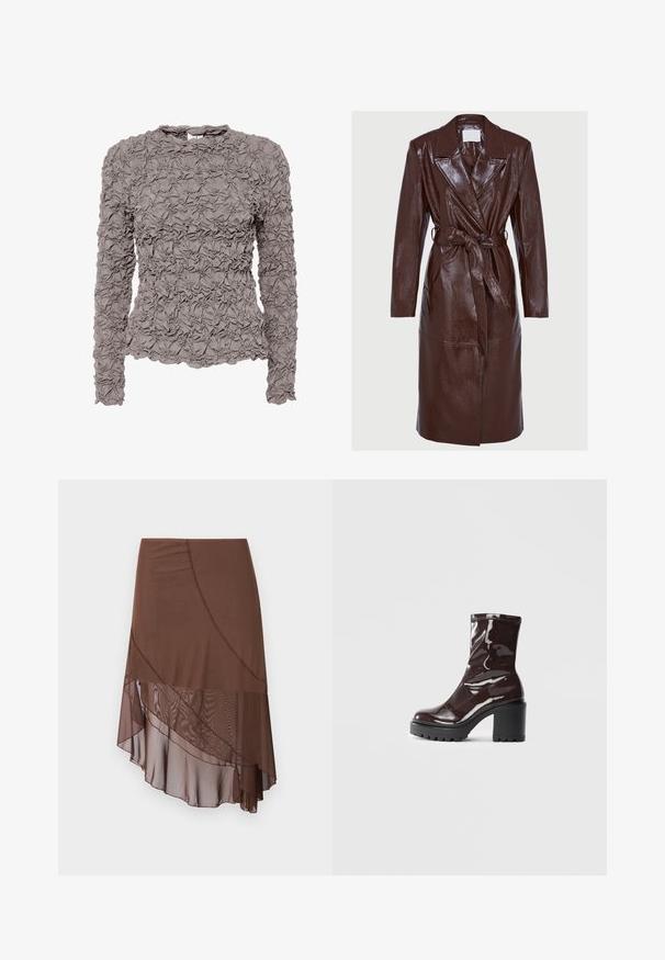 Lange glanzende leren trenchcoat in donkerbruin met brede revers, lange mouwen, knoopsluiting en een bijpassende riem geknoopt om de taille.; Lange mauve blouse met een gestructureerde, geplooide stof, ronde hals, lichte flare aan de onderkant en een knoopsluiting met keyhole aan de achterkant.; Bruine gelaagde rok met een vloeiend ontwerp, met een gladde bovenlaag en een doorschijnende, gestructureerde onderlaag die asymmetrisch valt.; Glanzende bordeauxrode enkelboot met een chunky zwarte hak, met een gladde textuur en een eenvoudig ontwerp. Geen zichtbare sluitingen of patronen.