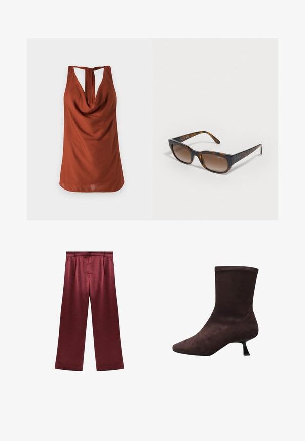 Trench-coat en cuir verni marron foncé avec larges revers, manches longues, fermeture à boutons et ceinture assortie nouée à la taille.; Top sans manches de couleur rouille avec un col drapé, un dos dégarni et un tissu lisse. Le design présente une coupe décontractée et sans motifs visibles.; Pantalons larges bordeaux en satin avec une texture lisse, dotés d'une taille haute et de deux poches latérales pour un détail fonctionnel.; Bottine en daim marron avec un bout pointu et un talon bas évasé. Texture lisse avec une tige ajustée et sans matériel ou accents visibles.; Lunettes de soleil en écaille de tortue avec des verres dégradés bruns, monture angulaire, et logo "vogue" sur les branches. Texture lisse, design moderne.; Sac en cuir marron avec une texture lisse, un design spacieux et une poignée courbée, comportant un détail de logo subtil à l'avant.