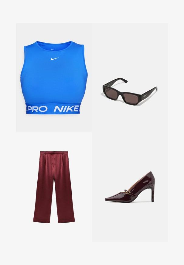 Dlhý tmavohnedý lesklý kožený trenčkot so širokými chlopňami, dlhými rukávmi, zapínaním na gombíky a zodpovedajúcim opaskom previazaným v páse.; Modrá športová podprsenka vyrobená z hladkej tkaniny, s okrúhlym dekoltom, širokým bielym pásom s textom "PRO" a "NIKE" a logom na hrudi.; Burgundské široké nohavice vyrobené zo saténu s hladkou textúrou, s vysokým pásom a dvoma bočnými vreckami pre funkčný detail.; Patentná bordová topánka na vysokom opätku s špicatou špičkou, členkovým remienkom so zlatým kovaním a elegantným, lesklým povrchom. Zvýšený stiletto opätok.; Čierne obdĺžnikové slnečné okuliare s tmavými sklami. Majú hladký plastový rám a detail loga na bočnej časti. Čistý, moderný dizajn.; Bordová kabelka vyrobená z umelého materiálu so štruktúrovaným dizajnom, s odnímateľným popruhom a kvetinovou šatkou zviazanou na držadle.
