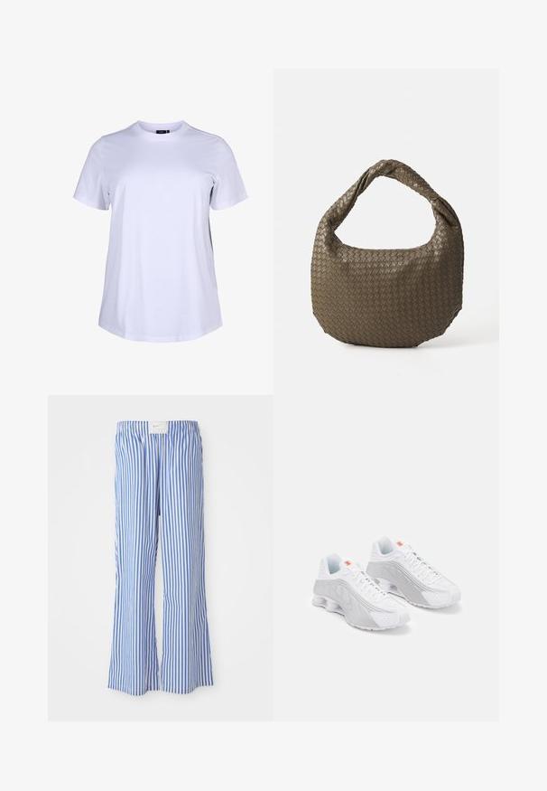 Sort læderjakke med høj krave, tætsiddende design, vandrette syninger og to lynlåslommer i siden. Glat tekstur og strømlinet silhuet.; Hvid kortærmet T-shirt lavet af glat bomuldsstof. Har en rund halsudskæring og en afslappet pasform, uden synlige mønstre eller detaljer.; Blå og hvide stribede bukser med en afslappet pasform, lavet af letvægtsstof, med en elastisk talje og et diskret logo-tag.; Hvide løbesko med grå accenter, der har en tekstureret overdel, perforeringer til ventilation og en segmenteret hæl til dæmpning.; Vevet olivengrøn håndtaske med en rund form og et snoet håndtag. Den teksturerede overflade har et diagonalt mønster. Lynlåslukning.