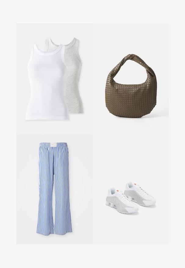 Schwarze Lederjacke mit hohem Kragen, tailliertem Design, horizontalen Nähten und zwei Reißverschlusstaschen an der Seite. Glatte Textur und stromlinienförmige Silhouette.; Zwei ärmellose Tanktops: eines in Weiß mit gerippter Textur und eines in Hellgrau mit subtilen Melange-Muster. Beide haben runde Ausschnitte.; Blaue und weiße gestreifte Hose mit lockerer Passform, aus leichtem Stoff, mit elastischem Bund und einem dezenten Logo-Tag.; Weiße Sportschuhe mit grauen Akzenten, die eine strukturierte Oberseite, Belüftungsperforationen und eine segmentierte Ferse für Dämpfung aufweisen.; Geflochtene olivgrüne Handtasche mit runder Form und gedrehter Tragegriff. Strukturiert Oberfläche mit diagonaler Musterung. Reißverschlussverschluss.