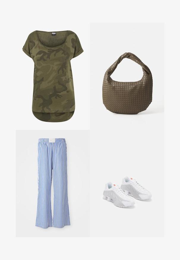 Svart läderjacka med hög krage, figursydd design, horisontella sömmar och två blixtlåsfickor på sidorna. Slät textur och strömlinjeformad silhuett.; Olivgrön kamouflage T-shirt i mjukt tyg, med rundad halsringning, korta uppvikt ärmar och en kurvad nederkant.; Blå- och vita randiga byxor med avslappnad passform, tillverkade av lättviktsmaterial, med elastisk midja och en diskret logotagg.; Vita löparskor med grå accenter, som har en texturerad ovandel, perforeringar för ventilation och en segmenterad häl för dämpning.; Vävd olivgrön handväska med rund form och vriden handtag. Texturerad yta har ett diagonalt mönster. Dragkedjestängning.