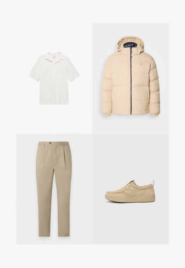 Tommy Jeans ESSENTIAL - Piumino - gentle gold; Polo a maniche corte in cotone bianco sporco, con colletto classico, spacchi laterali e superficie testurizzata per un comfort ottimale.; Tommy Hilfiger HARLEM - Chino - camel; Scarpe slip-on in suede beige con punta rotonda, cuciture minime e suola in gomma. Texture morbida con un sottile accento del marchio nel tallone.