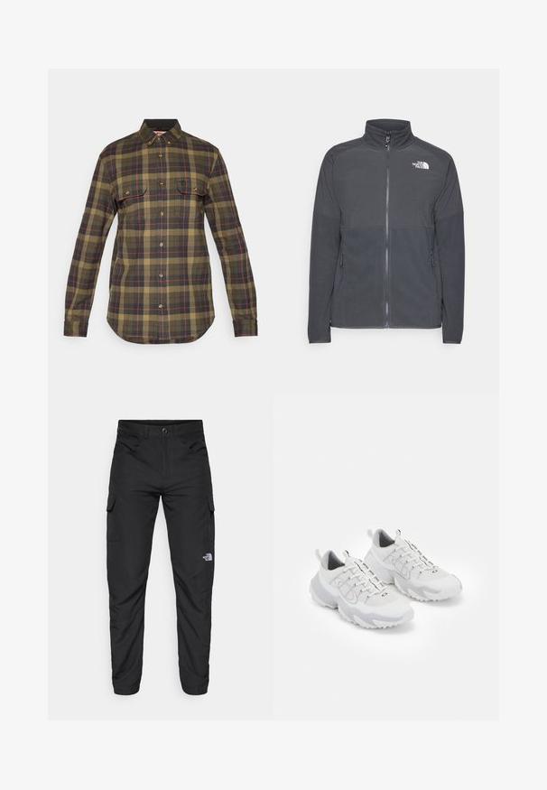 Temno siva flis jakna z visokim ovratnikom, celotnim sprednjim zadrgom, teksturiranim zgornjim delom, stranskimi žepi in belim logotipom na prsih.; Zelena in mornarsko modra karirana flanelasta srajca z dolgimi rokavi, gumbastim zapenjanjem spredaj, dvema žepoma na prsih in ukrivljenim robom. Vzorcu so dodani rdeči detajli.; The North Face HORIZON PANT - Hlače za na prostem - black; Bela športna obutev z mrežasto zgornjim delom, sivo obrobje, teksturiran gumijast podplat in zankami na peti; vključuje vezalni dizajn.