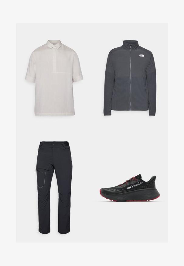 Dunkelgraue Fleecejacke mit hohem Kragen, durchgehendem Reißverschluss, strukturiertem oberen Einsatz, Seitentaschen und einem weißen Logo auf der Brust.; Kurzärmeliges Hemd mit Kragen aus leichtem beige Leinen. Verfügt über eine halbe Knopfleiste und eine subtile Textur. Sauberes, minimales Design.; Schwarze Outdoor-Hosen mit einem Reißverschlusstaschen an den Oberschenkeln, elastischem Bund und glattem, wasserabweisendem Stoff. Sauberes Design ohne sichtbare Logos.; Schwarzer Sportschuh mit strukturiertem Obermaterial, roten Schnürsenkeln und Logo. Dicke Sohle mit strukturiertem Profil für Traktion. Minimalistisches Design, Seitenansicht.