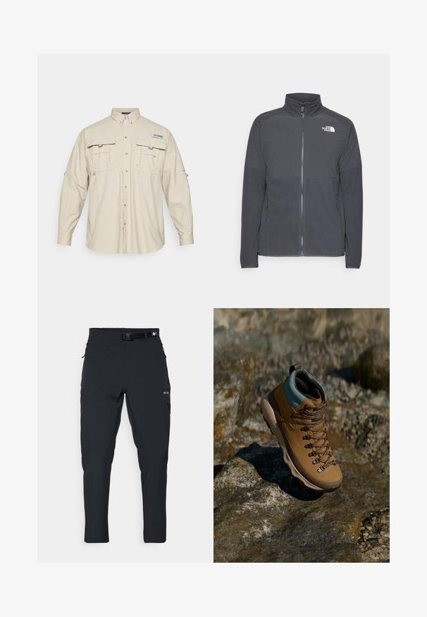 Giacca in pile grigio scuro con colletto alto, zip frontale a tutta lunghezza, yoke superiore testurizzato, tasche laterali e logo bianco sul petto.; Columbia BAHAMA™ SHIRT - Camicia - fossil; Columbia ESSENTIAL HIKE™ PANT - Pantaloni outdoor - black; Scarponcino da trekking marrone con tomaia sintetica, colletto azzurro chiaro, occhielli metallici e suola in gomma texturizzata. Progettato per attività all'aperto.