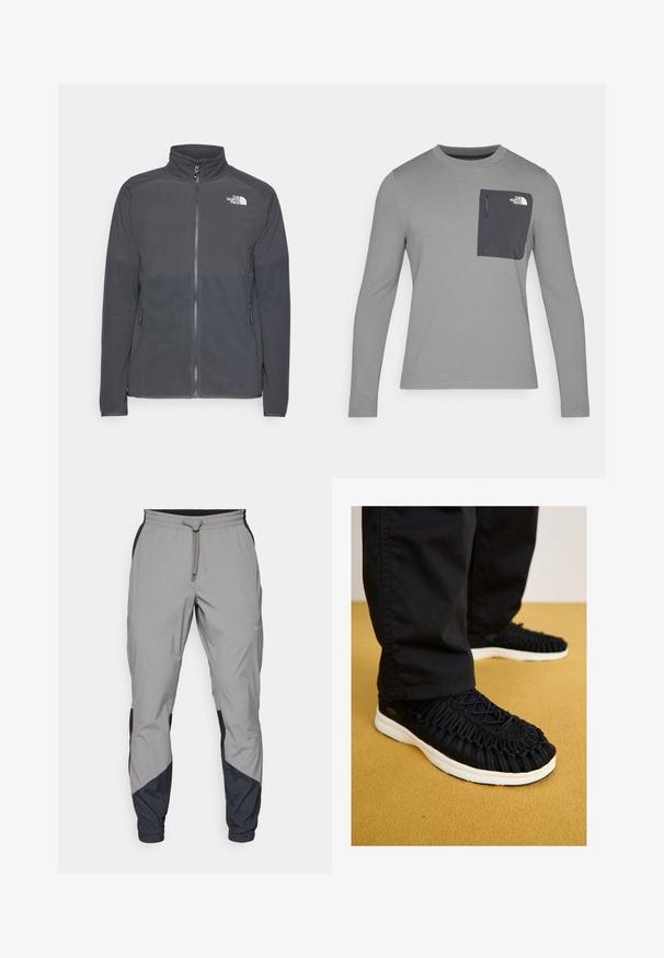 Tmavě šedá fleecová bunda s vysokým límcem, plným předním zipem, texturovaným horním dílem, bočními kapsami a bílým logem na prsou.; Šedá košile s dlouhým rukávem z texturované tkaniny, s tmavě šedou náprsní kapsou a zipovým uzávěrem. Logo na kapse v bílé barvě.; Lehké šedé sportovní kalhoty s černými detaily. Elastický pas, stahovací šňůrka, tapered nohavice a boční kapsy.; Černé tenisky s pleteným textilním svrškem, kulatou špičkou a bílou podrážkou. Systém šněrování na vrchu a detailem textury po celém povrchu.
