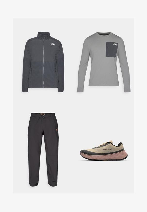 Veste en polaire gris foncé avec un col haut, une fermeture éclair sur toute la longueur, une empiècement supérieur texturé, des poches latérales et un logo blanc sur la poitrine.; Chemise à manches longues grise en tissu texturé, dotée d'une poche poitrine gris foncé et d'une fermeture éclair. Logo blanc sur la poche.; Pantalons d'extérieur noirs avec taille élastique et petit patch logo sur la cuisse droite, présentés sur un fond blanc.; Baskets de course avec une tige en mesh beige, des accents noirs et une semelle rembourrée rose. Présente une surface texturée et un système de laçage.