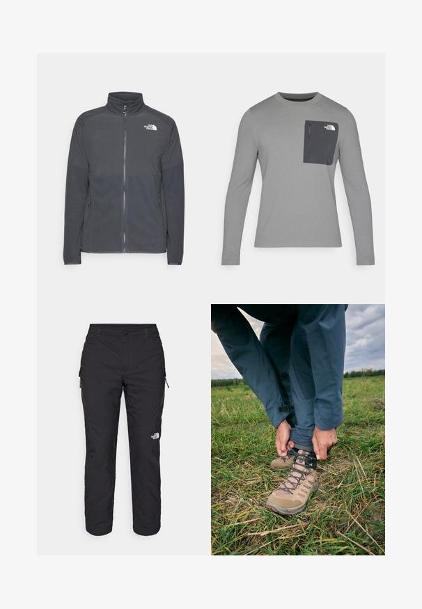 Tumši pelēks flīsa žakets ar augstu apkakli, pilnīgu priekšējo rāvējslēdzēju, teksturētu augšējo daļu, sānu kabatām un baltu logo uz krūšu.; Garais krekls ar garām piedurknēm un teksturētu audumu, ar tumši pelēku krūšu kabatu un rāvējslēdzēju. Uz kabatas ir balts logo.; The North Face WINTER EXPLORATION TAPERED CARGO  - Āra bikses - black; Brūni pārgājienu zābaki ar saitēm, sieta paneļiem un gumijas zolem. Cilvēks pielāgo saitēšanas vienu no zābakiem, uzvelkot tumšas outdoor bikses zālē.
