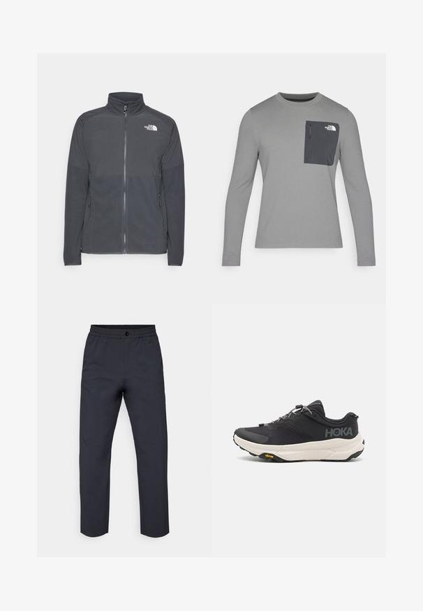 Tamsiai pilkas fliso švarkas su aukštu apykakle, pilnu priekinio užtrauktuko uždarymu, tekstūruota viršutine dalimi, šoniniais kišenėmis ir baltu logotipu ant krūtinės.; Ilgų rankovių pilkas marškinis su tekstūruota medžiaga, kuris turi tamsiai pilką krūtinės kišenę ir užtrauktuką. Kišenėje baltas logotipas.; Tamsiai pilkos kelnės pagamintos iš glotnaus audinio. Yra elastinga juosmens juosta, priekinis mygtuko užsegimas ir šiek tiek siaurėjančios kojos.; Juodos sportinės bateliai su tekstūruota viršutine dalimi, pilkų akcentų, atspindinčiomis detalėmis ir storu baltu padu su Vibram prekės ženklu.