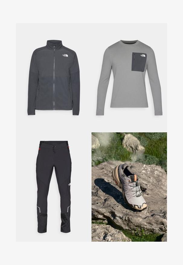 Σκούρο γκρι φλις τζάκετ με ψηλό γιακά, πλήρη μπροστινό φερμουάρ, υφή στην επάνω περιοχή, πλαϊνές τσέπες και λευκό λογότυπο στο στήθος.; Γκρι μακρυμάνικο πουκάμισο με υφή, διαθέτει σκούρο γκρι τσέπη στο στήθος και κλείσιμο με φερμουάρ. Λογότυπο στην τσέπη σε λευκό χρώμα.; The North Face DAWN TURN PANT - Παντελόνι εξωτερικού χώρου - black; Ανοιχτό γκρι παπούτσι τρεξίματος με έντονα χαρακτηριστικά σε μπεζ, υφή στο επάνω μέρος, μαύρα κορδόνια και έντονο έγγραφο στην σόλα. Διαθέτει το λογότυπο της μάρκας.