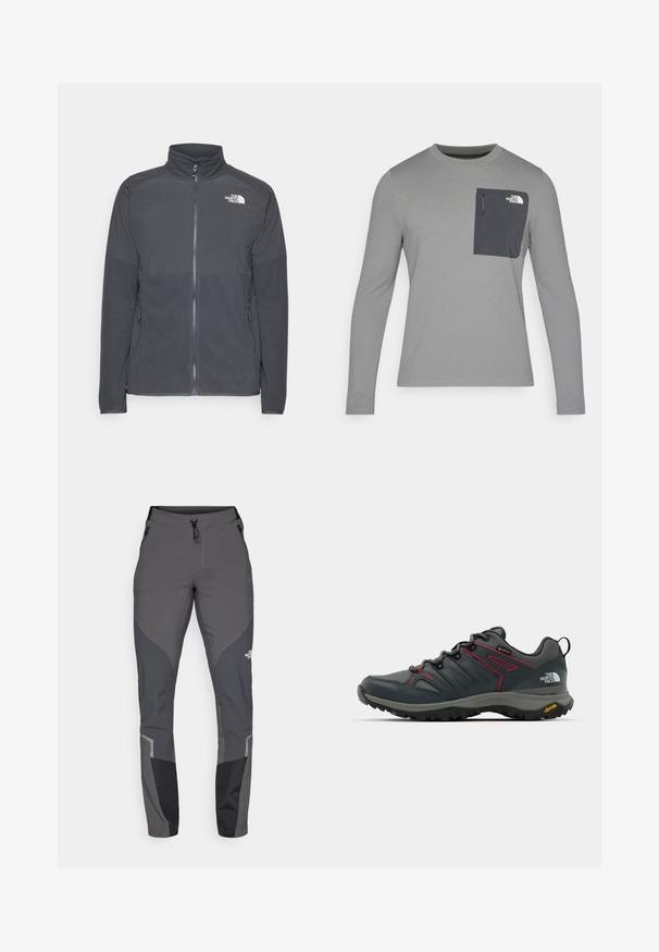 Sötétszürke polár dzseki magas gallérral, teljes elülső cipzárral, texturált felső vállrésszel, oldalsó zsebekkel és fehér logóval a mellrészen.; Hosszú ujjú szürke ing, texturált anyagból, sötétszürke mellzsebbel és cipzárral. A zsebén fehér logó található.; Szürke túranadrág, amely tapered dizájnt, több zsebet és kontrasztos sötétszürke és fekete éleket tartalmaz. Rugalmas, tartós anyagból készült.; Szürke túracipő piros részletekkel, hálós és szintetikus felsőrésszel, fűzőrendszerrel és Vibram talppal a tapadásért. Gore-Tex anyag a vízállóság érdekében.