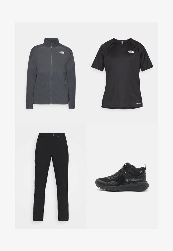 Casaco de fleece cinza escuro com colarinho alto, fecho completo à frente, yoke superior texturizado, bolsos laterais e um logótipo branco no peito.; Camisa atlética preta de manga curta com um tecido texturizado, apresentando um logotipo branco no peito esquerdo e uma bainha reta.; Calças de caminhada pretas feitas de tecido durável, com dois bolsos frontais com fecho éclair, painéis nos joelhos e tiras ajustáveis na cintura e nos punhos.; Botas de caminhada pretas com um upper em malha, detalhes texturizados, uma sola almofadada e um logotipo em destaque. Apresenta um sistema de atacadores seguro e uma alça de puxar.