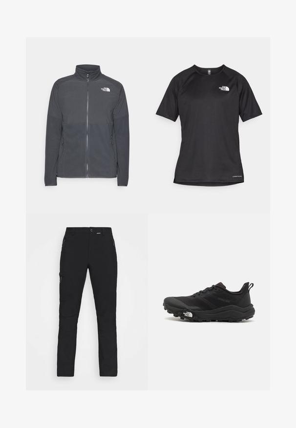 Casaco de fleece cinza escuro com colarinho alto, fecho completo à frente, yoke superior texturizado, bolsos laterais e um logótipo branco no peito.; Camisa atlética preta de manga curta com um tecido texturizado, apresentando um logotipo branco no peito esquerdo e uma bainha reta.; Calças de caminhada pretas feitas de tecido durável, com dois bolsos frontais com fecho éclair, painéis nos joelhos e tiras ajustáveis na cintura e nos punhos.; Sapatilha de trail running preta com um upper texturizado, sola de borracha e biqueira reforçada. Possui um colarinho acolchoado e uma alça para facilitar o calçar.