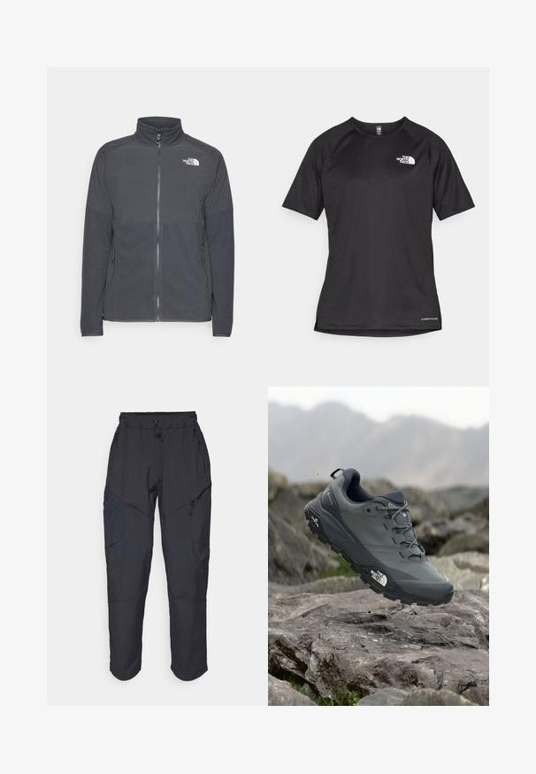 Casaco de fleece cinza escuro com colarinho alto, fecho completo à frente, yoke superior texturizado, bolsos laterais e um logótipo branco no peito.; Camisa atlética preta de manga curta com um tecido texturizado, apresentando um logotipo branco no peito esquerdo e uma bainha reta.; Calças cargo pretas feitas de um material leve e resistente à água; apresentam uma cintura elástica, múltiplos bolsos com fecho e pernas ajustadas.; Sapatilha de corrida em trilhos cinza com um cabedal texturizado, sola de borracha durável e ponteira reforçada. Apresenta atacadores e o logótipo da marca de lado.