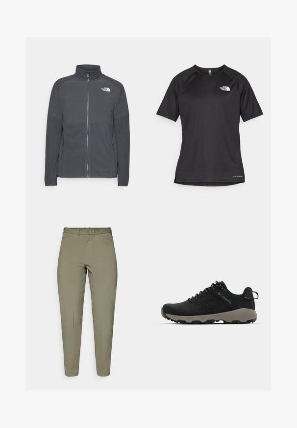 Tumši pelēks flīsa žakets ar augstu apkakli, pilnīgu priekšējo rāvējslēdzēju, teksturētu augšējo daļu, sānu kabatām un baltu logo uz krūšu.; Melna sporta krekla īsām piedurknēm ar strukturētu audumu, kas ir ar baltu logotipu kreisajā krūtīs un taisnu apakšmalu.; Gai olīvu zaļi bikses ar gludu tekstūru, šauru piegriezumu, jostes cilpiņām un vienu pogu aizdari viduklī.; Melnas pārgājienu kurpes ar gludu virsu, perforētu dizainu, pelēku zoli un nostiprinātu papēdi. Iekļauj auklas un cilpu vieglai uzvilkšanai.