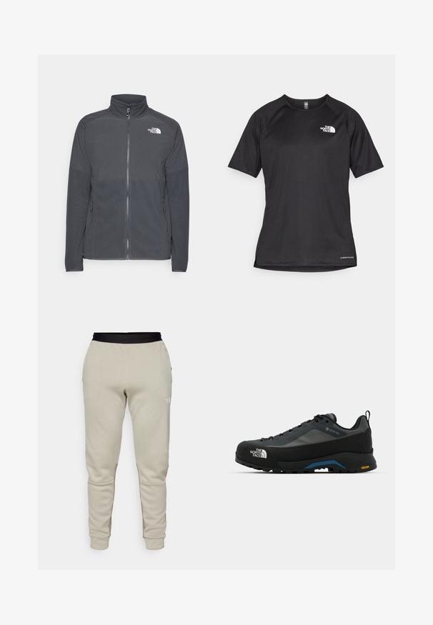 Casaco de fleece cinza escuro com colarinho alto, fecho completo à frente, yoke superior texturizado, bolsos laterais e um logótipo branco no peito.; Camisa atlética preta de manga curta com um tecido texturizado, apresentando um logotipo branco no peito esquerdo e uma bainha reta.; The North Face PANT - Calças de fato de treino - clay grey/cavern grey; The North Face VERTO ALPINE GORE TEX - Sapatos de caminhada - asphalt grey/tnf black
