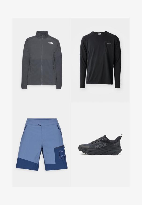 Mørkegrå fleecejakke med høy krage, full glidelås foran, strukturert øvre yoke, sidelommer og hvit logo på brystet.; Columbia COLUMBIA TECH™ LONG SLEEVE CREW - Topper langermet - black; Blå shorts med to-farget design, som har en glidelåslomme på låret og et brodert logo, laget av lett materiale.; Svart Hoka løpesko med mesh-overdel, teksturerte detaljer, og en tykk, polstret såle med avsmalnende kanter for forbedret støtte.