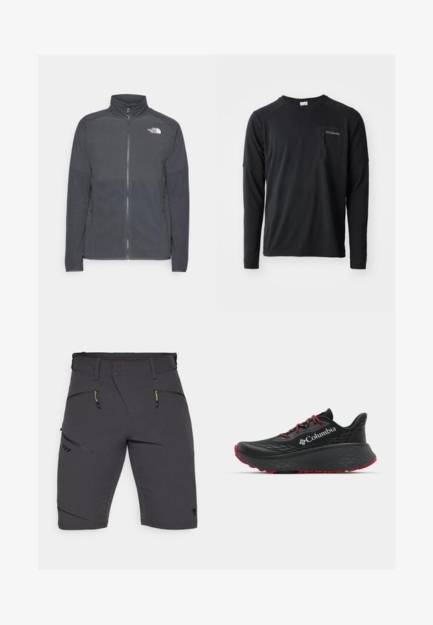 Σκούρο γκρι φλις τζάκετ με ψηλό γιακά, πλήρη μπροστινό φερμουάρ, υφή στην επάνω περιοχή, πλαϊνές τσέπες και λευκό λογότυπο στο στήθος.; Columbia COLUMBIA TECH™ LONG SLEEVE CREW - Μπλούζα με μακριά μανίκια - black; Dynafit TRANSALPER - Σορτς εξωτερικού χώρου - black out; Μαύρο αθλητικό παπούτσι με υφή στην επάνω πλευρά, κόκκινες κορδόνες και λογότυπο. Παχύ πέλμα με μοτίβο για πρόσφυση. Μινιμαλιστικός σχεδιασμός, πλευρική όψη.