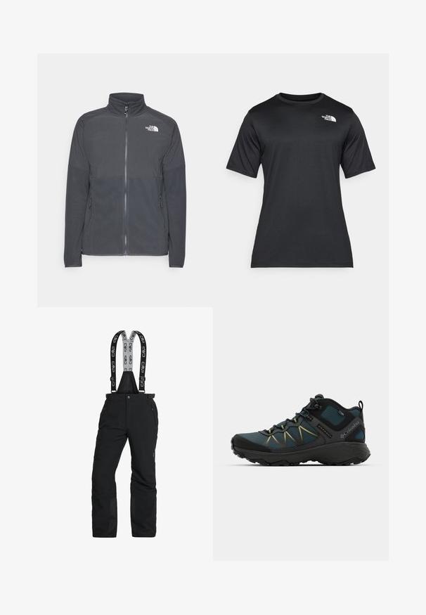 Sötétszürke polár dzseki magas gallérral, teljes elülső cipzárral, texturált felső vállrésszel, oldalsó zsebekkel és fehér logóval a mellrészen.; Fekete, rövid ujjú póló, könnyű, nedvességelvezető anyagból készült. Bal oldalon fehér logóval rendelkezik, és kerek nyakú.; Fekete hó nadrág állítható vállpántokkal, cipzáras zsebekkel és megerősített bokával. Vízálló anyagból készült, sima tapintású.; Sötétkék túracipő fekete kiegészítőkkel, texturált hálós felsőrésszel, sárga varrással és strapabíró talppal, amely szabadtéri tevékenységekhez illik.