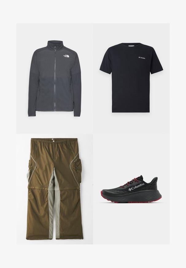 Tamno siva flis jakna s visokim ovratnikom, punim prednjim patentnim zatvaračem, teksturiranim gornjim dijelom, bočnim džepovima i bijelim logotipom na prsima.; Crna kratki rukav majica od pamuka, s malim bijelim Columbia logotipom na lijevoj strani prsnog područja. Klasičan okrugli izrez i opušteni kroj.; Smeđe lagane hlače siva bočna panela, elastični pojas i više bočnih džepova. Tekstura tkanine s suptilnim sjajem.; Crne sportske cipele s teksturiranim gornjim dijelom, crvenim vezicama i logom. Debeli đon s uzorkom za prianjanje. Minimalistički dizajn, bočni prikaz.
