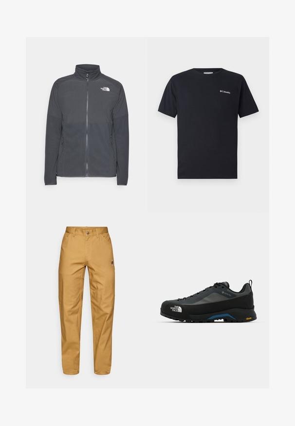 Tamsiai pilkas fliso švarkas su aukštu apykakle, pilnu priekinio užtrauktuko uždarymu, tekstūruota viršutine dalimi, šoniniais kišenėmis ir baltu logotipu ant krūtinės.; Juodas trumpas rankovės marškinėliai iš medvilnės, su mažu baltu Columbia logotipu kairėje priekyje. Klasikinis apvalus iškirpimas ir laisvas kirpimas.; Vyrų šviesiai rudos spalvos darbo kelnės su priekinėmis kišenėmis, diržo kilpelėmis, mygtukų užsegimu ir mažu apvaliu logotipu dešinėje šlaunyje.; The North Face VERTO ALPINE GORE TEX - Turistiniai batai - asphalt grey/tnf black