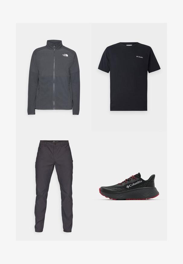 Tumši pelēks flīsa žakets ar augstu apkakli, pilnīgu priekšējo rāvējslēdzēju, teksturētu augšējo daļu, sānu kabatām un baltu logo uz krūšu.; Melnas īsām piedurknēm T-krekls, izgatavots no kokvilnas, ar nelielu baltu Columbia logotipu kreisajā krūtī. Klasisks apaļš kakla izgriezums un brīvs piegriezums.; Tumši pelēki kravas bikses ar gludu tekstūru, ar priekšējām kabatām un sānu kabatu; ar pogu aizdari nostiprināts jostasvieta.; Melnas sporta kurpes ar teksturētu augšdaļu, sarkanām auklām un logotipu. Bieza zole ar rakstainu protektoru, lai nodrošinātu saķeri. Minimālisma dizains, sānu skats.