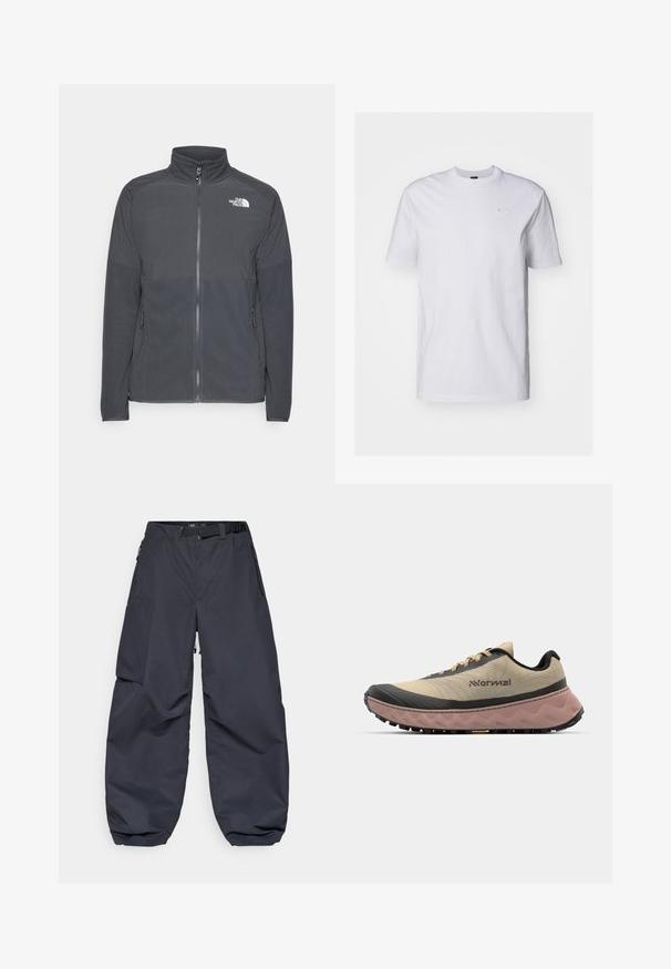 Mørkegrå fleecejakke med høy krage, full glidelås foran, strukturert øvre yoke, sidelommer og hvit logo på brystet.; Hvit bomull t-skjorte med korte ermer og rund hals. Har et lite, subtilt logo i lys blått på brystet. Glatt tekstur.; Mørkegrå cargo bukser laget av et mykt, slitesterkt materiale. De har en bred, løs passform, flere lommer og et belte i midjen for justering.; Løpesko med en beige nettoverdel, svarte detaljer og en rosa polstret såle. Utstyrt med strukturert overflate og snøring.