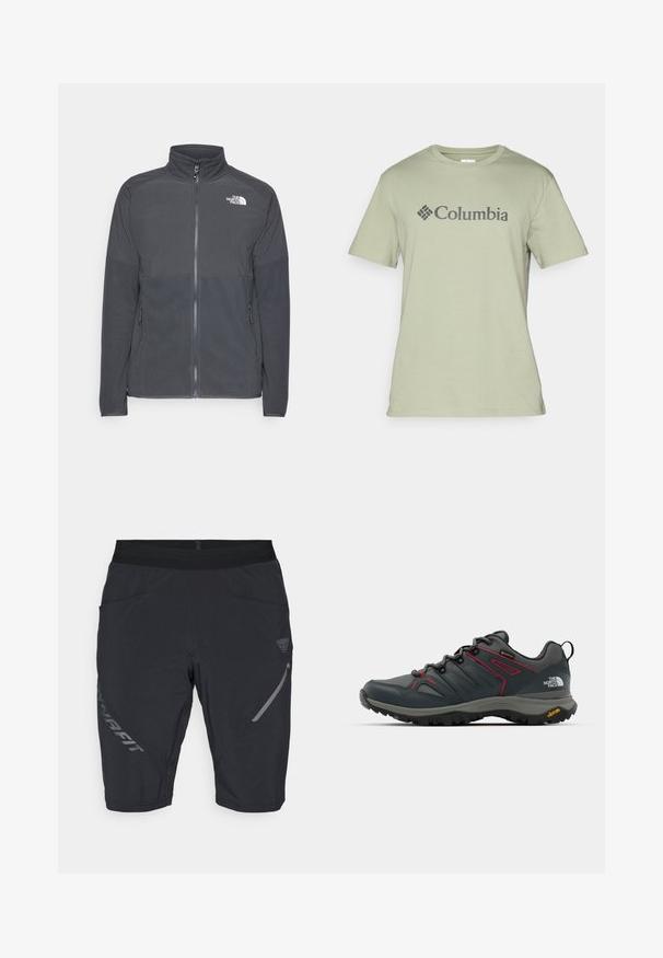 Tmavohnedá fleecová bunda s vysokým golierom, plným predným zipsom, textúrovanou hornou časťou, bočnými vreckami a bielym logom na hrudi.; Svetlozelené bavlnené tričko s okrúhlym výstrihom, krátkymi rukávmi a tmavosivým logom "Columbia" na prednej strane. Hladká textúra.; Čierne atletické šortky z mäkkého, elastického materiálu. Medzi vlastnosti patrí elastický pás, bočné vrecká a logo v sivej farbe na ľavej nohe.; Sivé turistické topánky s červenými akcentmi, zvršok z ažúry a syntetiky, systém šnurovania a podrážka Vibram pre trakciu. Obsahujú Gore-Tex pre vodoodolnosť.
