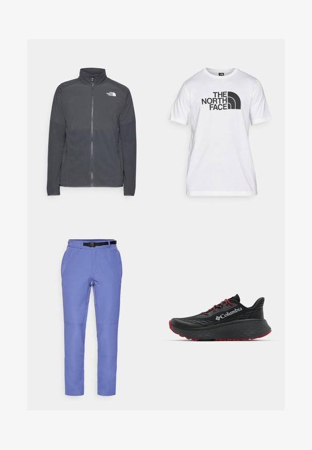 Tumši pelēks flīsa žakets ar augstu apkakli, pilnīgu priekšējo rāvējslēdzēju, teksturētu augšējo daļu, sānu kabatām un baltu logo uz krūšu.; Balts kokvilnas t-krekls ar melnu grafisko druku, kurā ir teksts un izliekta logo dizains. Apaļa kakla izgriezums un īsas piedurknes. Vienkārša tekstūra.; Gaiši zili bikses ar taisnu griezumu, ar jostu, priekšējām kabatām un šuvju detaļām pie ceļiem. Izgatavotas no gludas, strukturētas auduma.; Melnas sporta kurpes ar teksturētu augšdaļu, sarkanām auklām un logotipu. Bieza zole ar rakstainu protektoru, lai nodrošinātu saķeri. Minimālisma dizains, sānu skats.