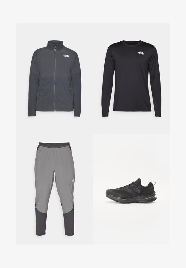 Sötétszürke polár dzseki magas gallérral, teljes elülső cipzárral, texturált felső vállrésszel, oldalsó zsebekkel és fehér logóval a mellrészen.; Hosszú ujjú fekete teljesítmény póló, könnyű anyagból készült, a bal felső mellen fehér logóval. Sima textúra.; The North Face SUNRISER PANT - Szabadtéri nadrágok - smoked pearl/asphalt grey; Fekete sportcipő hálós felsőrésszel, gumitalppal és párnázott gallérral. Fűzős, oldalán logóval és textúrázott dizájnnal rendelkezik.