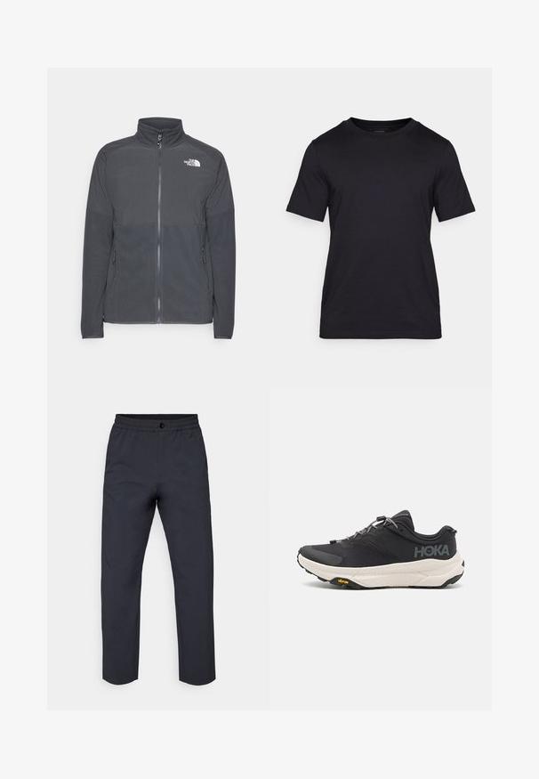 Dark gray fleece jacket with a high collar, full front zipper, textured upper yoke, side pockets, and a white logo on the chest.; Black T-shirt made of smooth fabric, featuring a crew neckline and short sleeves. Subtle branding printed in black on the chest.; Dark gray trousers made of a smooth fabric. Features a stretchy waistband, a front button closure, and slightly tapered legs.; Black athletic shoe with a textured upper, grey accents, reflective details, and a thick white sole featuring Vibram branding.