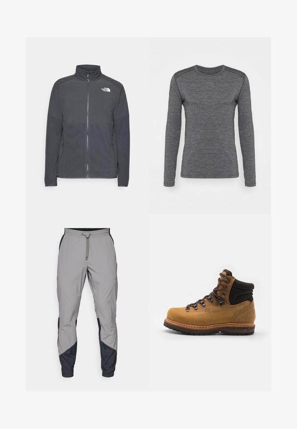 Casaco de fleece cinza escuro com colarinho alto, fecho completo à frente, yoke superior texturizado, bolsos laterais e um logótipo branco no peito.; Camisa cinza de mangas compridas feita de um tecido suave, com decote redondo e textura contrastante nos ombros. Design simples e elegante.; Calças de treino leves e cinzentas com detalhes pretos. Cintura elástica, fecho com cordão, design de perna afunilada e bolsos laterais.; Botas de caminhada em couro castanho com acabamento texturado, suporte para o tornozelo em camurça preta, ilhós em metal e sola de borracha preta robusta.