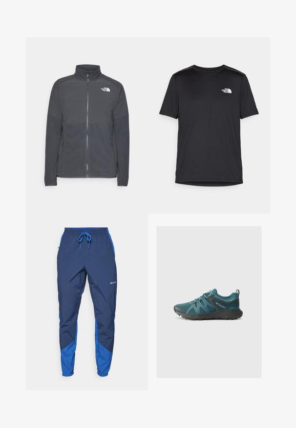 Tamsiai pilkas fliso švarkas su aukštu apykakle, pilnu priekinio užtrauktuko uždarymu, tekstūruota viršutine dalimi, šoniniais kišenėmis ir baltu logotipu ant krūtinės.; Juodas trumpas rankovės marškinėliai, pagaminti iš lengvos medžiagos. Yra mažas baltas logotipas kairiajame krūtinės pusėje ir subtilūs pečių akcentai.; Columbia COLUMBIA TECH™ PANT - Lauko kelnės - collegiate navy; Columbia PEAKFREAK ROAM - Turistiniai batai - everblue/dark grey