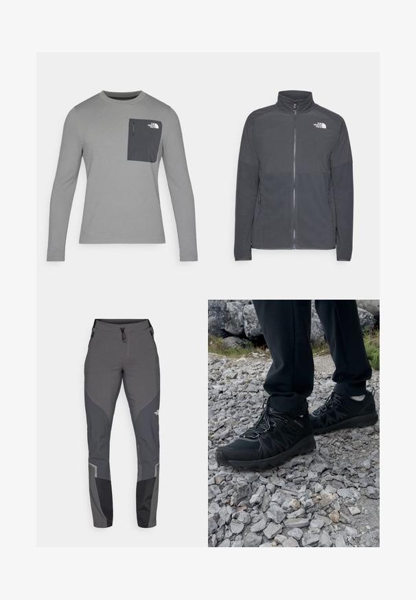 Casaco de fleece cinza escuro com colarinho alto, fecho completo à frente, yoke superior texturizado, bolsos laterais e um logótipo branco no peito.; Camisa de manga longa cinza com tecido texturizado, apresentando um bolso no peito cinza escuro e um fecho em zíper. Logótipo no bolso em branco.; Calças de caminhada cinzas com um design ajustado, múltiplos bolsos e acentos contrastantes em cinza escuro e preto. Feitas de um material flexível e durável.; Sapatos pretos para exterior, feitos de material em malha e sintético, com um cabedal texturizado, sistema de atilho seguro e uma sola robusta, sobre terreno rochoso.